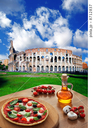 Colosseum in Rome with classic pizza in Italy 8712837