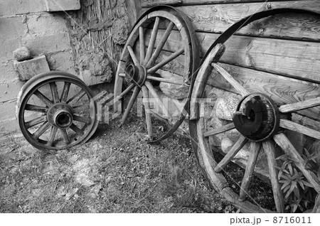Old wooden wheels of cart. 8716011
