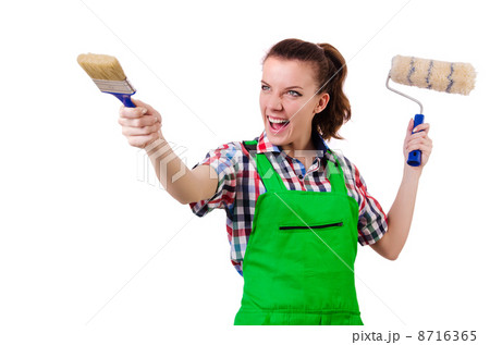 Woman painter with paintbrush on white 8716365
