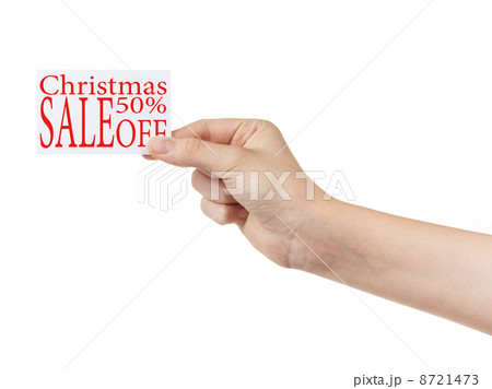 female teen hand holding card with sale promotion words 8721473