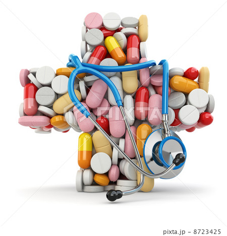 Concept of medicine. Cross from pills and stethoscope. 8723425