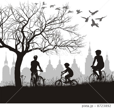 Family on bicycle trip out of town 8723892