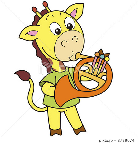 cartoon giraffe playing a french horn