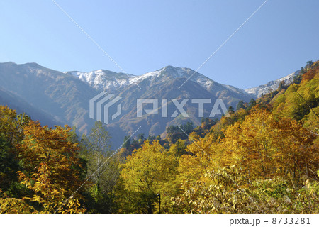 山形県小国町の温身平から飯豊連峰の山並みを望む 山形県小国町の温身平から飯豊連峰の山並みを望む 8733281