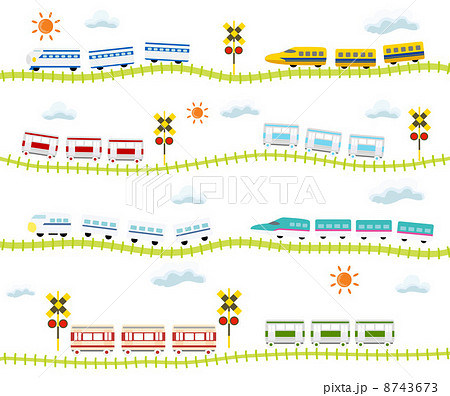 子供向け 可愛い 踏切のある線路を走る 電車のイラスト素材