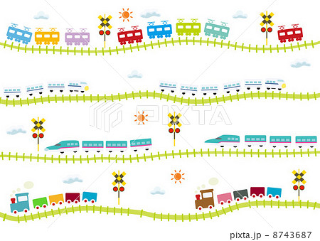 子供向け 可愛い 踏切のある線路を走る 電車のイラスト素材