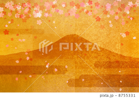 金屏風の富士山と桜のイラスト素材