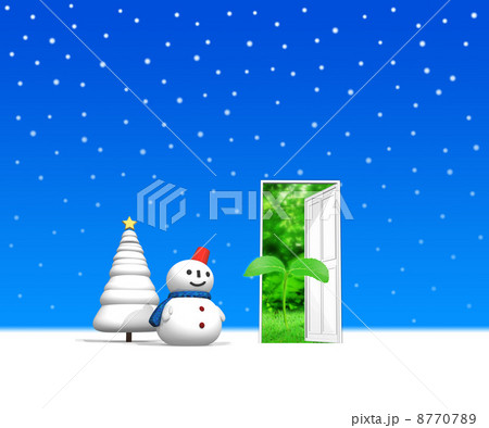 雪だるまとクリスマスツリー どこでもドアのイラスト素材