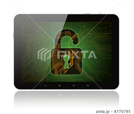 Tablet PC with circuit background and lock . Tablet PC with circuit background and lock . 8770795