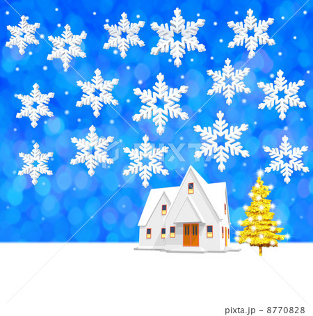 家の明かりとクリスマスツリー 雪の結晶のイラスト素材