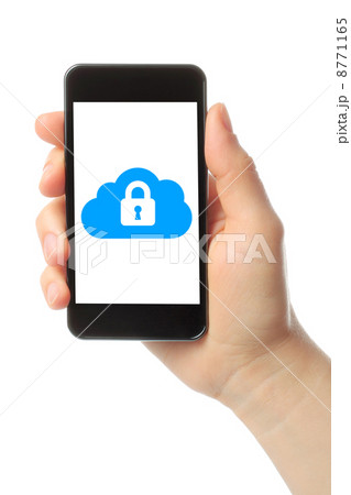 Hand holds smart phone with cloud security concept . 8771165
