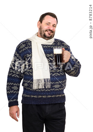 Fat man in white scarf with mug of ale 8783214