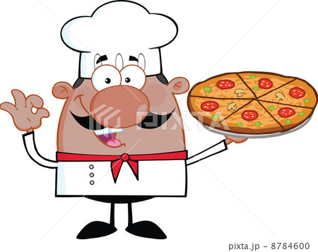Cute African American Chef Character Holding A Pizza Pie 8784600