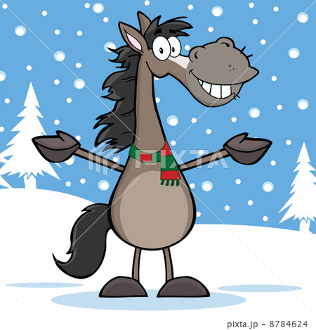 Smiling Grey Horse Cartoon Character Over Winter Landscape 8784624