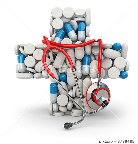 Concept of medicine. Cross from drugs and stethoscope. 8789489