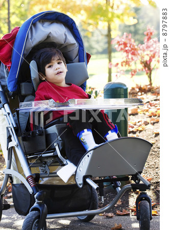 Disabled boy in medical stroller outdoors 8797883