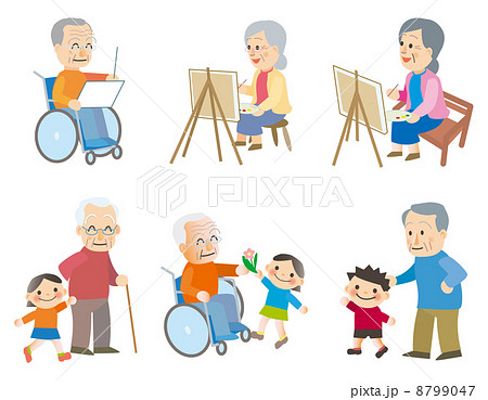 高齢者 絵画 孫と散歩 車椅子のイラスト素材