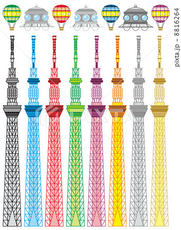 カットイラストデザイン素材集 東京スカイツリー風タワーと気球とｕｆｏ カラフルのイラスト素材