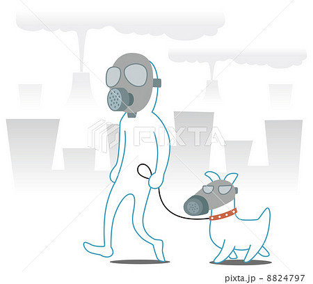 ガスマスクしながら散歩する人とペットのイラスト素材