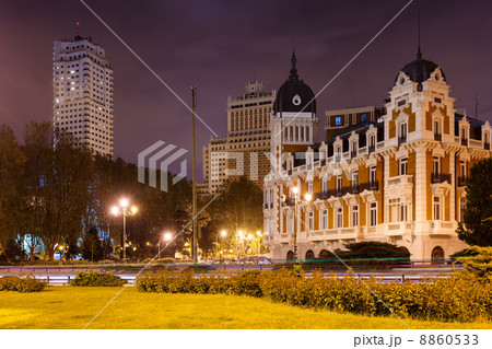 Night view of Spain Square in Madrid,= 8860533