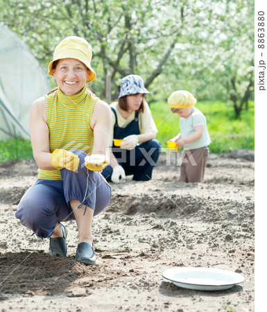 family sows seeds in soil 8863880