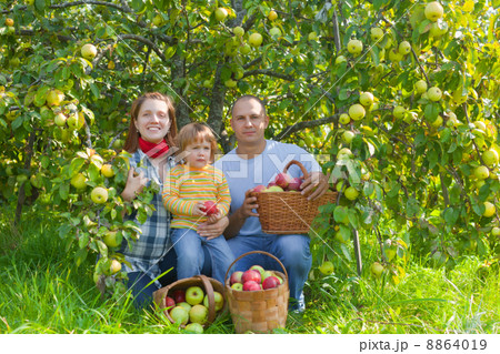 Happy parents and child in garden Happy parents and child in garden 8864019