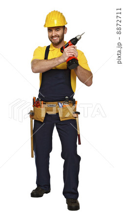 caucasian handyman with red drill caucasian handyman with red drill 8872711