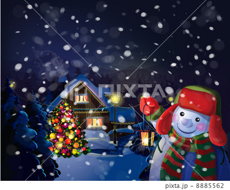 Vector snowman holding lantern on Christmas scene background. Vector snowman holding lantern on Christmas scene background. 8885562
