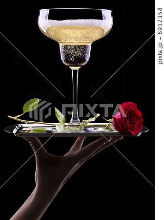 glass of champagne and rose on black 8912358