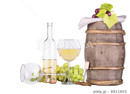 grapes on a barrel with corkscrew and wine glass 8921603