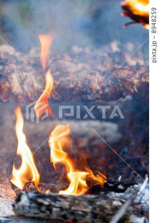 Meat on skewers over campfire. Meat on skewers over campfire. 8948259