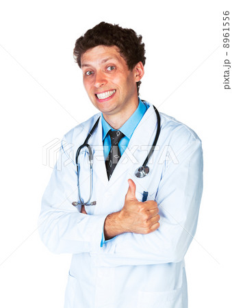 Portrait of a smiling male doctor with finger up on white Portrait of a smiling male doctor with finger up on white 8961556