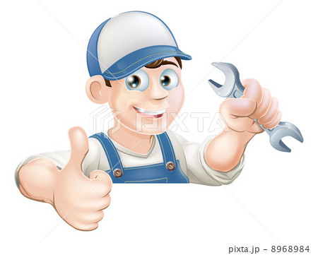 Spanner man over sign thumbs up 8968984
