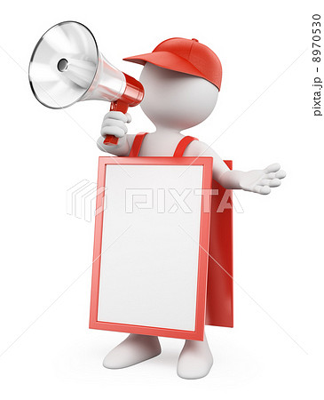 3D white people. Blank sandwich board man with a megaphone 8970530