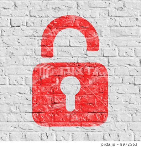 Red Icon of Opened Padlock on White Brick Wall. 8972563