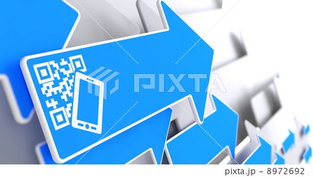 QR Code with Smartphone Icon on Blue Arrow. QR Code with Smartphone Icon on Blue Arrow. 8972692