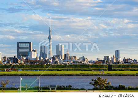 青空が広がる東京スカイツリーと川の手住宅街 青空が広がる東京スカイツリーと川の手住宅街 8982916