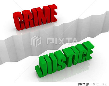 Two words CRIME and JUSTICE split on sides, separation crack. Concept 3D illustration. 8989279