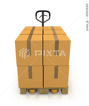 Stack of carton boxes on a pallet with a pallet truck front view 8993680