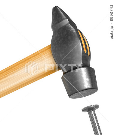 Shiny new hammer hitting the nail closeup 8993743