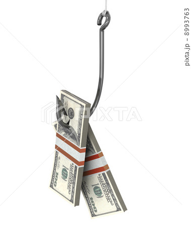 Few packs of dollars on a fishing hook 8993763