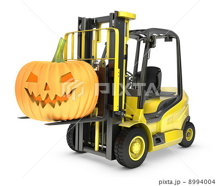 Yellow fork lift truck lifts halloween lantern Yellow fork lift truck lifts halloween lantern 8994004