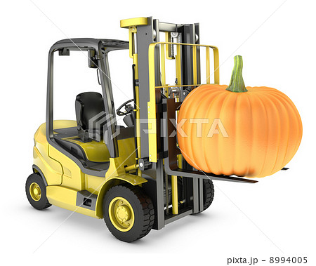 Yellow fork lift truck lifts orange pupmkin Yellow fork lift truck lifts orange pupmkin 8994005