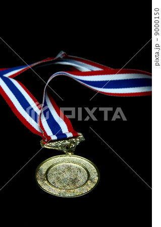 isolated Blank gold medal with tricolor ribbon 9000150