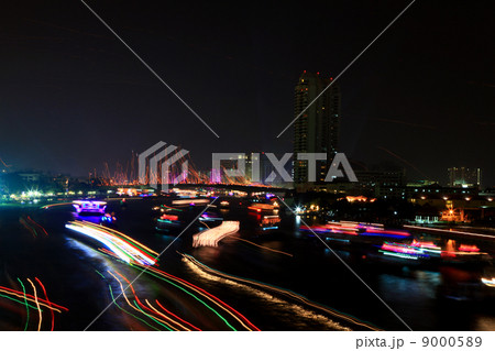 Colorful river with light trail from ship over Chao Phraya River 9000589