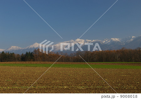 雪景色の十勝連峰と晩秋の田園風景 雪景色の十勝連峰と晩秋の田園風景 9008018