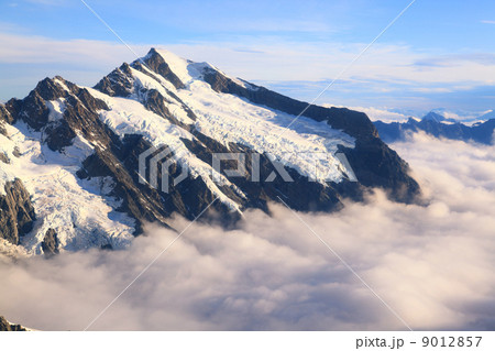 Mountain Cook Peak with mist landscape from Helicopter, New Zeal 9012857