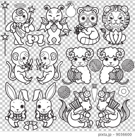天使と悪魔と動物キャラクター 狸 ライオン 猿 羊 うさぎ 馬 モノクロ線画ぬりえのイラスト素材