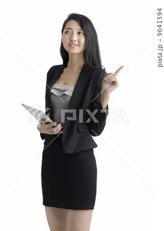 Young business woman using ipad digital tablet studio white background 9041594