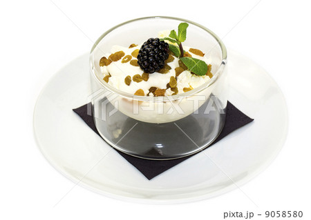 cottage cheese with sour cream and raisins on a white background 9058580